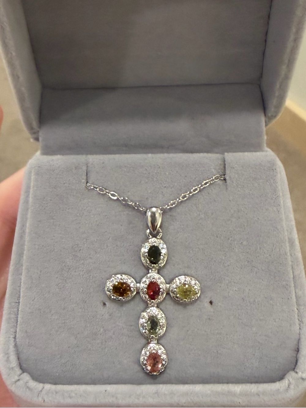 Natural Multi-Color Tourmaline .95CT Cross Pendant Necklace 925 Sterling Silver